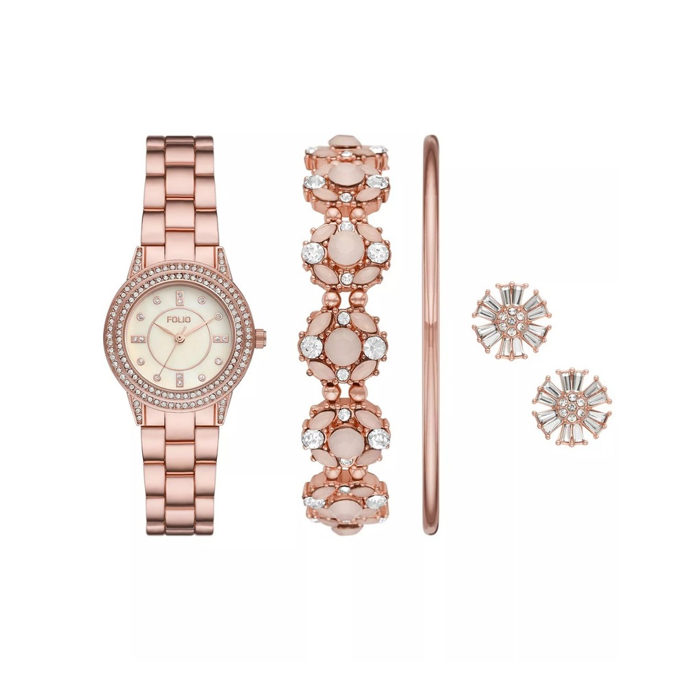 Lady's FOLIO Rose Gold Analog Watch, Layered Bracelet and Earring Gift Set NWT